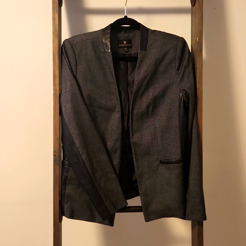 Patterned blazer with faux leather accents